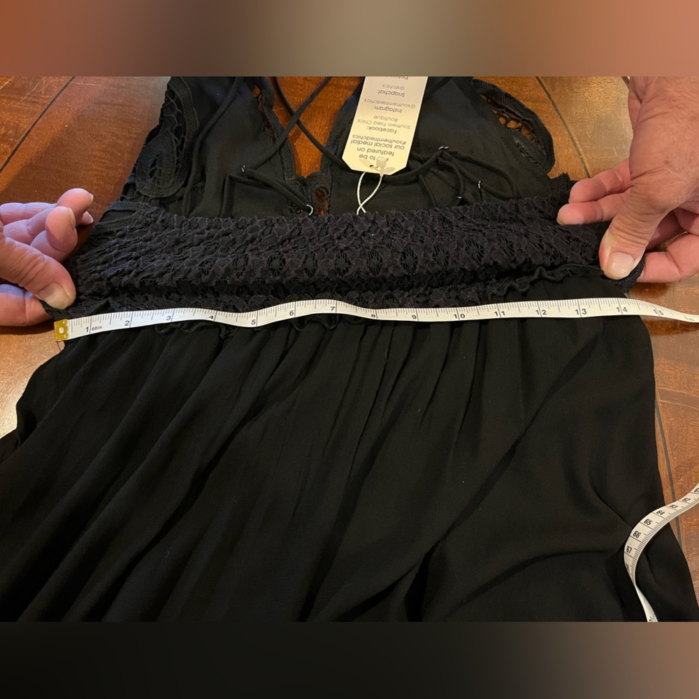 Lace bodice mini black dress. V-neck, A-silhouette skirt, uneven hem. NWT. Sz S - Picture 16 of 16